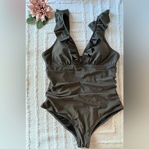 COCOPEAR One Piece Swimsuit Tummy Control V Neck Ruffle Bathing Suit- Size L